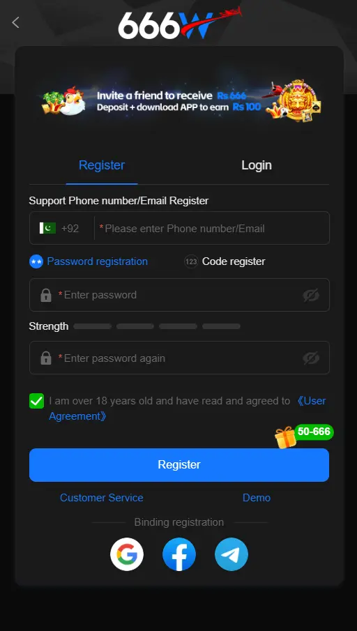 666W Registration Screen - Enter mobile number and OTP
