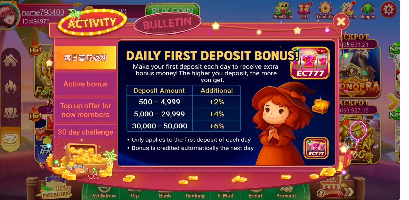 EC777 Game daily deposit bonus screen with extra cash for first top-up