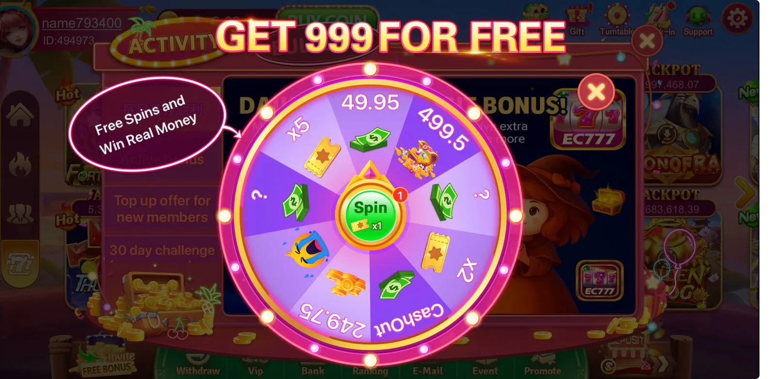 EC777 Game user profile displaying wallet balance, game history, and settings