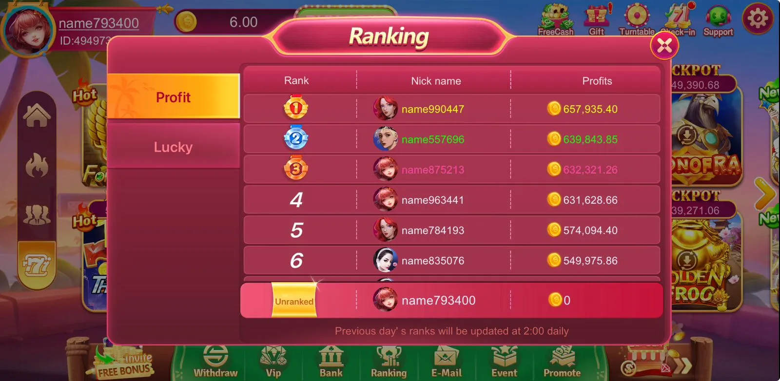 EC777 Game global ranking screen showing top players and their winnings