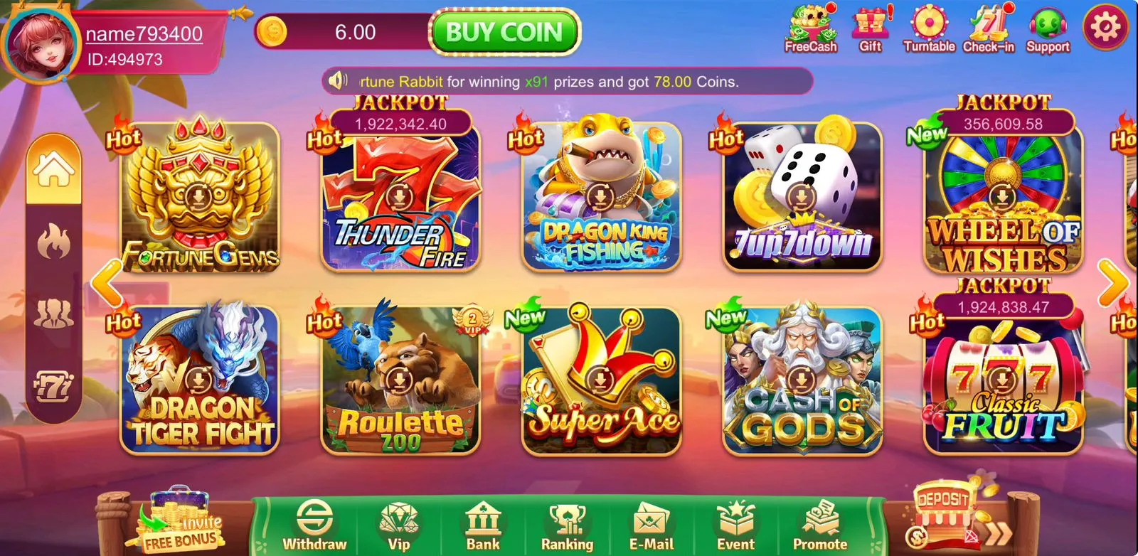 EC777 Game homepage displaying game categories like Teen Patti, Slots, and Aviator