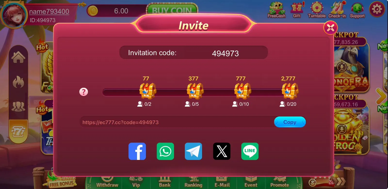 EC777 Game invite screen promoting a 10% commission for referring friends