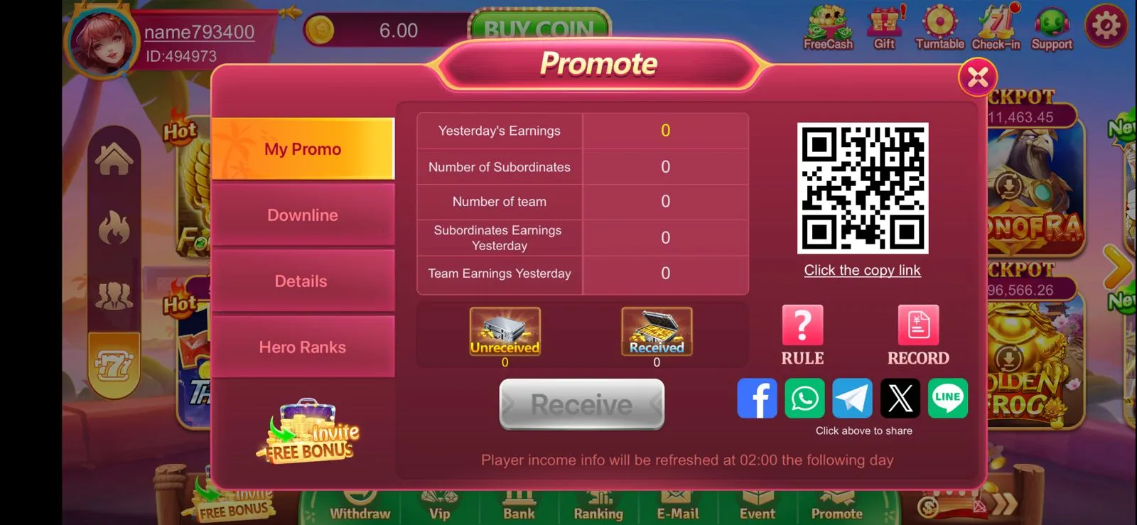 EC777 Game promote-and-earn screen explaining referral rewards and bonuses
