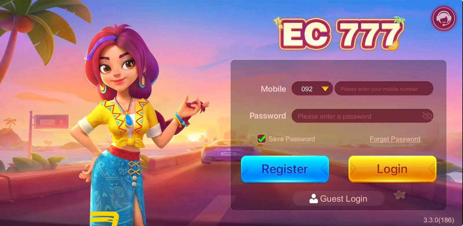 EC777 Game sign-up screen with phone number input and referral code field