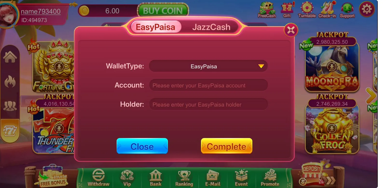 EC777 Game withdrawal screen with Easypaisa and JazzCash payment options