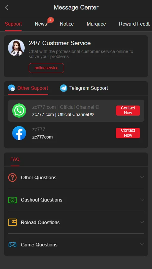 ZC777 Game user profile displaying wallet balance, game history, and settings