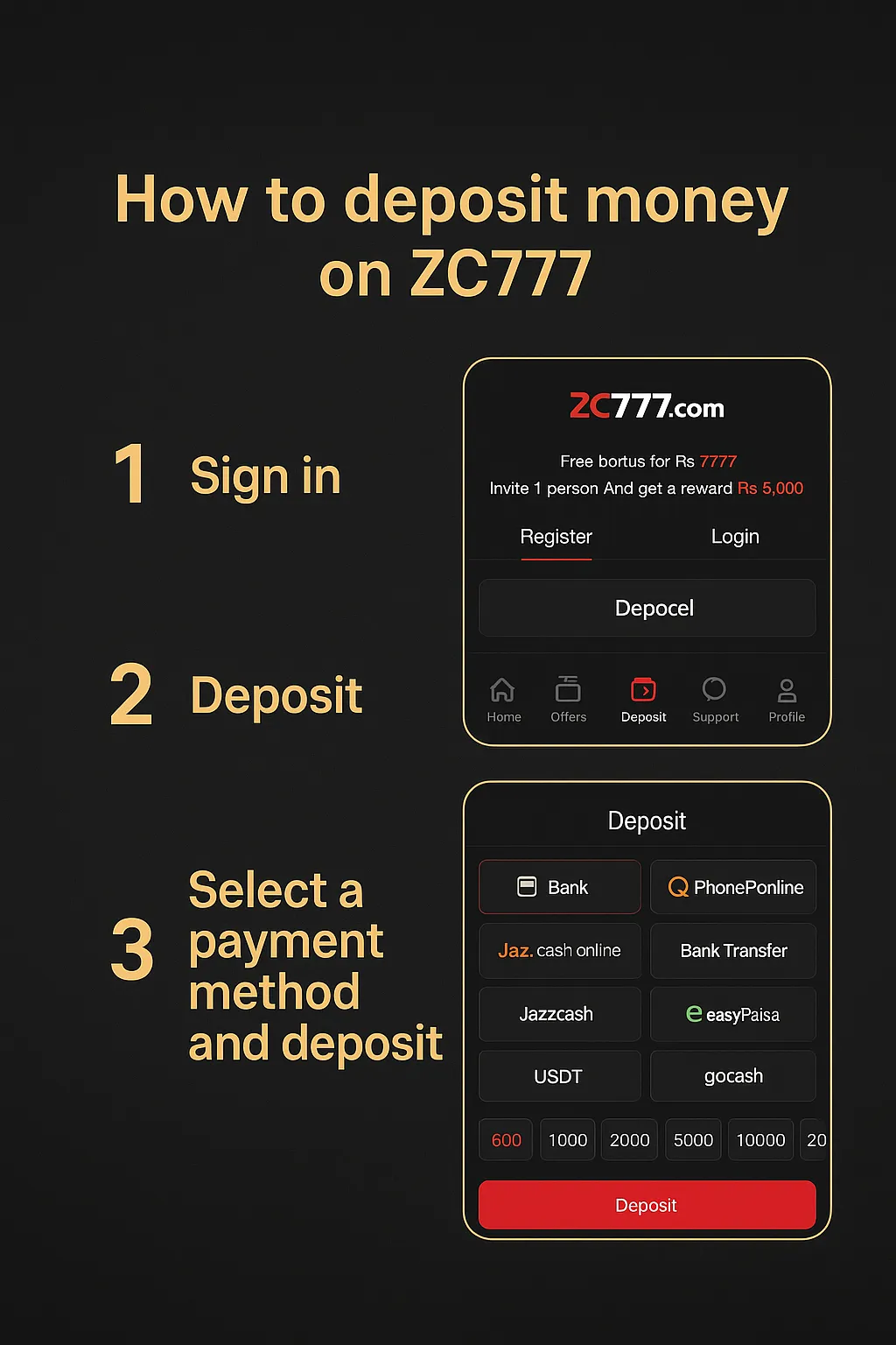 ZC777 deposit options showing EasyPaisa, JazzCash and more