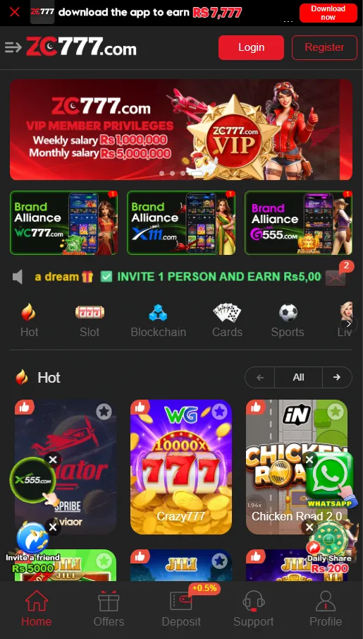 ZC777 Game homepage displaying game categories like Teen Patti, Slots, and Aviator